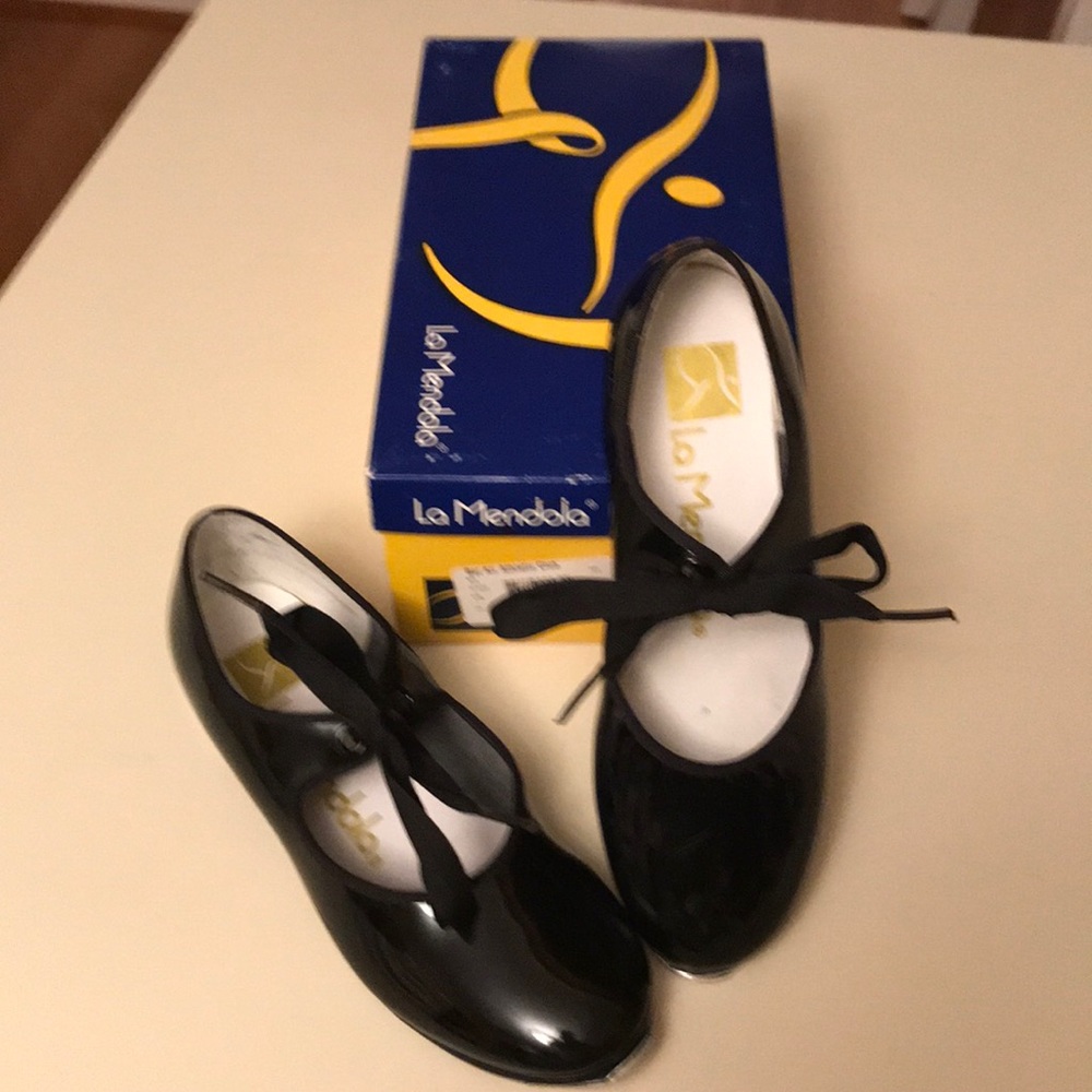 Girls black patent taps by LaMendola. Size 2. Box